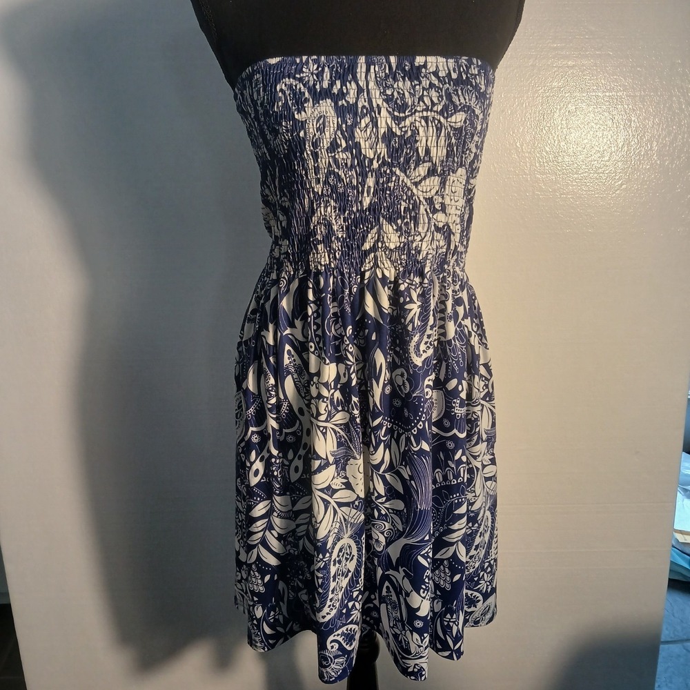 Strapless Sundress Elastic Ruched Bodice Purple White Paisley Boho Cruise Beach